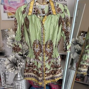 Alberto Makali Green and Yellow Patterned Blouse